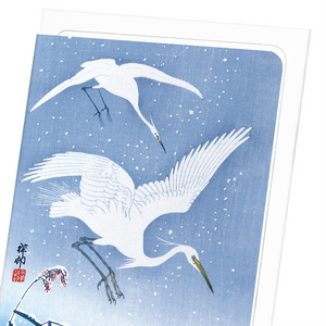 Egrets descending in snow (Pack of 8 cards)