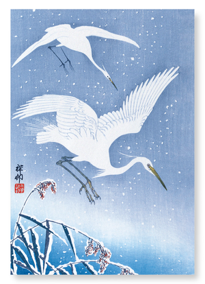 Egrets descending in snow (Pack of 2 prints)