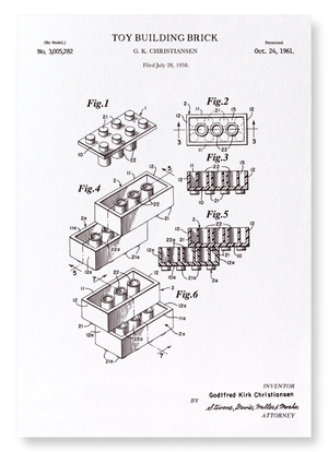 Patent of toy building brick (1961) (Pack of 2 prints)